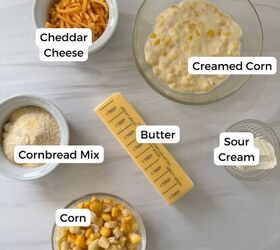 gluten free corn casserole, Ingredients include cheddar cheese creamed corn cornbread mix butter sour cream and corn
