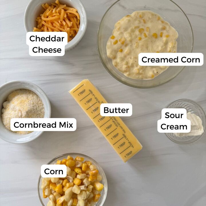 gluten free corn casserole, Ingredients include cheddar cheese creamed corn cornbread mix butter sour cream and corn