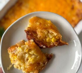 gluten free corn casserole, A serving of the corn casserole on a white plate