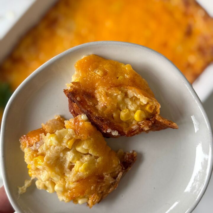 gluten free corn casserole, A serving of the corn casserole on a white plate