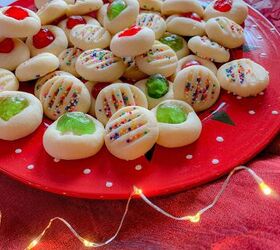 buttery whipped shortbread cookies 4 ingredients, a red plate with Christmas cookies