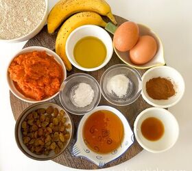 healthy pumpkin banana bread with golden raisins, ingredients