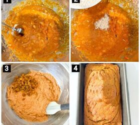 healthy pumpkin banana bread with golden raisins, steps 1234