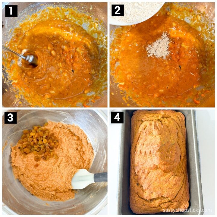 healthy pumpkin banana bread with golden raisins, steps 1234