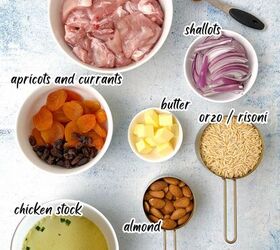 chicken orzo bake one pan family dinner, A flat lay of ingredients labeled for a dish chicken thighs apricots and currants orzo risoni chicken stock almonds butter shallots lemon slices and a small bowl of cinnamon