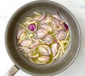 chicken orzo bake one pan family dinner, Sliced red onions saut ing in a frying pan with butter or oil set against a light background