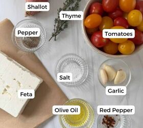 baked feta dip, Ingredients include tomatoes feta shallot thyme pepper salt olive oil garlic and red pepper flakes