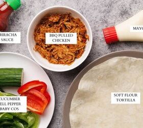 bbq pulled chicken wrap, Ingredients laid out to make a pulled chicken wrap