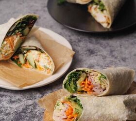 bbq pulled chicken wrap, Three wraps cut open on plates