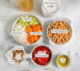 coconut curry soup, Ingredients for coconut curry soup vegetable broth coconut milk chickpeas diced tomatoes celery carrots onions grated ginger grated garlic olive oil yellow curry powder ground coriander red pepper flakes salt ground turmeric ground cumin and pepper