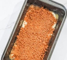 cinnamon crunch banana bread, half of the banana bread batter topped with cinnamon mixture
