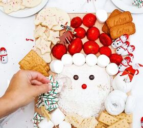 cinnamon crunch banana bread, santa buttercream frosting board dipping cookie in