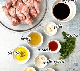 easy soy garlic chicken wings recipe, Ingredients for soy garlic chicken wings reveals chicken wings soy sauce garlic cilantro honey sriracha olive oil garlic powder sesame seeds butter and a labeled bowl of flour