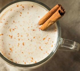 homemade eggnog recipe easy creamy eggnog, Overhead image of a mug of eggnog