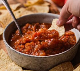 southern apple salsa, Dipping a chip in the Southern apple salsa from a serving bowl