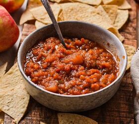 southern apple salsa, Southern apple salsa served in a bowls on a wooden board with tortilla chips around it