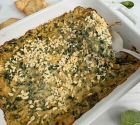 spinach and crab dip, Spinach and crab dip in a white casserole dish