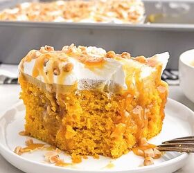 pumpkin poke cake, piece of pumpkin poke cake on a white plate