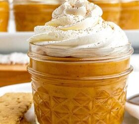 pumpkin poke cake, pumpkin pudding in a mason jar topped with whipped cream