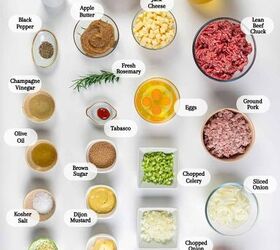 homemade meatloaf with creamy onion gravy, A top down view of ingredients for a dish including meats cheeses veggies spices and liquids Items include ground pork cheese cubes chopped vegetables sauces cream and fresh rosemary all labeled on a white surface