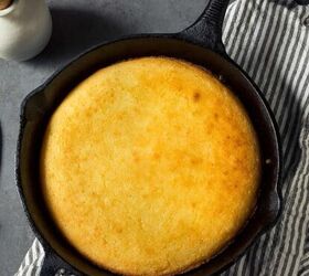 skillet cornbread recipe cast iron cornbread, Overhead image of Skillet Cornbread on a decorative towel