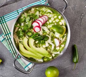 pozole verde recipe hearty chicken pozole verde, Overhead image of Pozole Verde in a pot