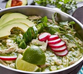 pozole verde recipe hearty chicken pozole verde, Close up image of Pozole Verde in a metal pot