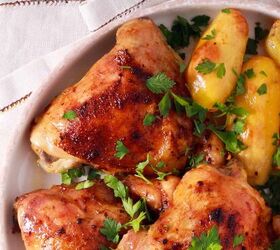 sheet pan chicken and potatoes easy sheet pan meal, Close up image of roasted chicken and potatoes on a white plate