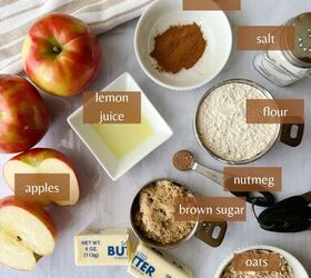 the best old fashioned apple crisp, apple crisp ingredients apples lemon juice flour butter cinnamon nutmeg oats brown sugar salt