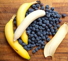 blueberry banana bread, Bananas and blueberries on a board