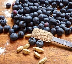 blueberry banana bread, Blueberries and cardamom on a board