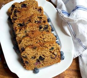 blueberry banana bread, Slices of blueberry banana bread on a platter to serve