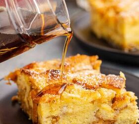 eggnog french toast bake, Eggnog French Toast Bake Recipe Slice Syrup Pouring On Top