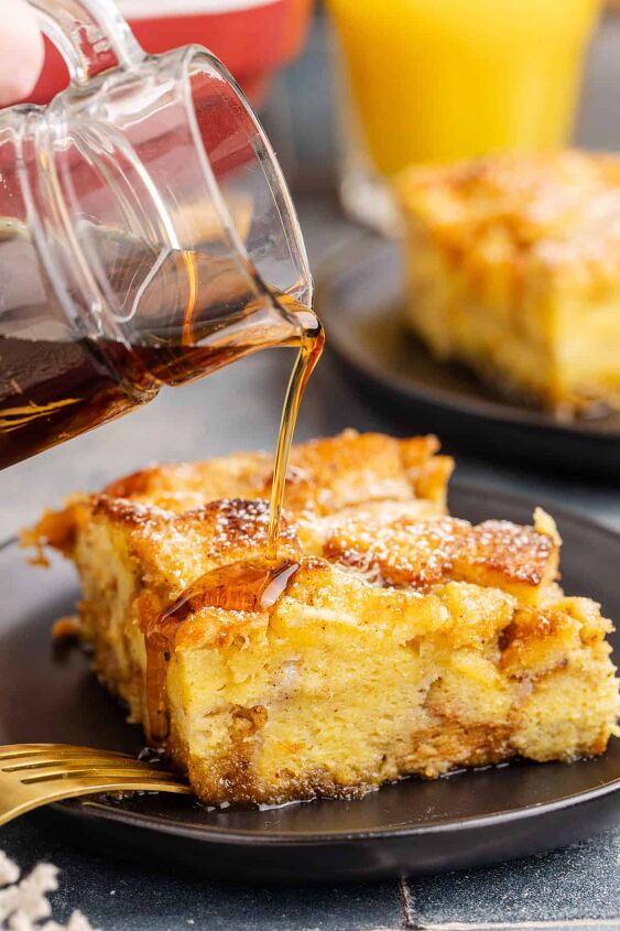 eggnog french toast bake, Eggnog French Toast Bake Recipe Slice Syrup Pouring On Top