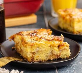 eggnog french toast bake, Eggnog French Toast Bake Plated with Maple Syrup