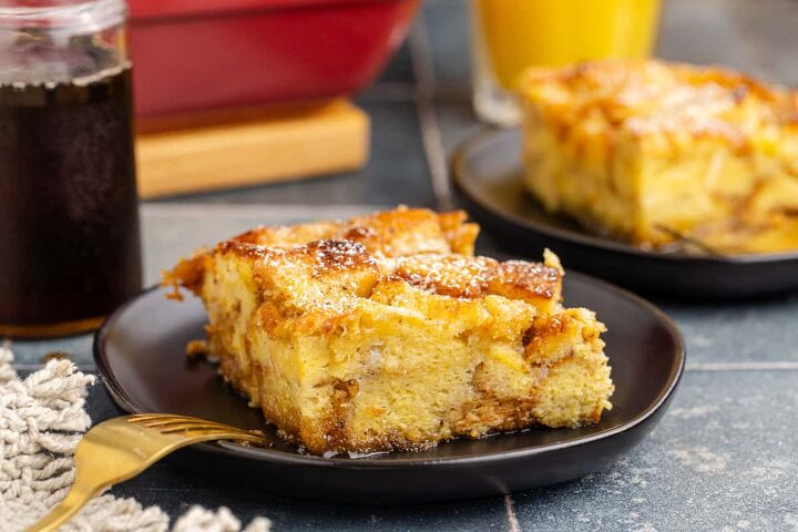 eggnog french toast bake, Eggnog French Toast Bake Plated with Maple Syrup