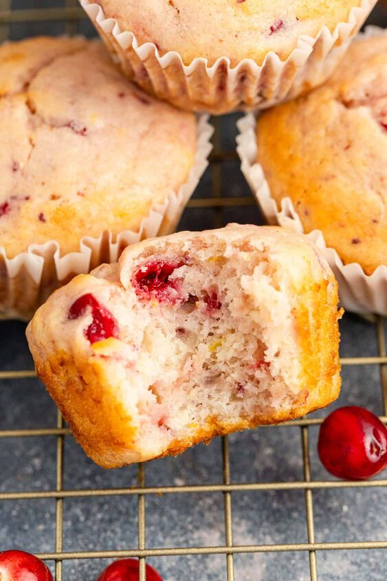 cranberry sauce muffins, Cranberry Sauce Muffins on Cooling Rack with a Bite Taken