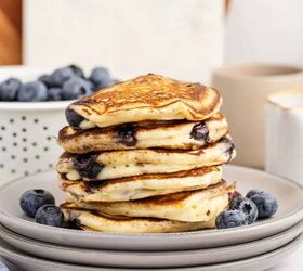 blueberry buttermilk pancakes, Blueberry Buttermilk Pancakes Stacked on a Plate