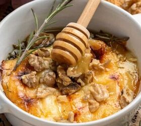 dark chocolate bark, Baked Brie with honey and walnuts in a white bowl with thyme and rosemary