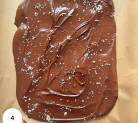 dark chocolate bark, The chocolate is topped with a flaky sea salt and then refrigerated