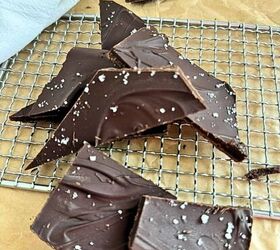 dark chocolate bark, Dark chocolate sea salt bark pieces on a wire rack
