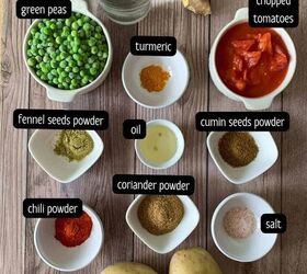 aloo matar recipe potato and peas no onion garlic, Ingredients aloo matar recipe placed in glass bowls and arranged on a brown background