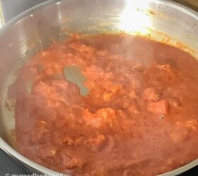 aloo matar recipe potato and peas no onion garlic, Curry masala frying in oil in a wide frying pan