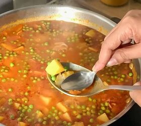 aloo matar recipe potato and peas no onion garlic, Checking for cooked potatoes by pressing the potatoes cubes with the back of a spoon