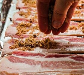 million dollar bacon, Hand sprinkling a sugar and spice mixture on top of the bacon before baking it