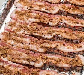 million dollar bacon, Raw bacon lined up on a baking sheet with the sugar and spice mixture sprinkled on top of it