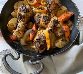 how to make buttermilk fried chicken, A carbod stell pan with roasted chicken drumsticks and potatoes and carrots