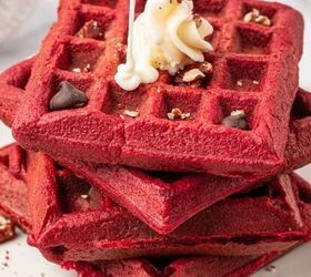 valentine s cookie cake red velvet cookie cake recipe, Stacked red velvet ake waffles whipped cream topped with pecans and chocolate chips Cream cheese drizzled over