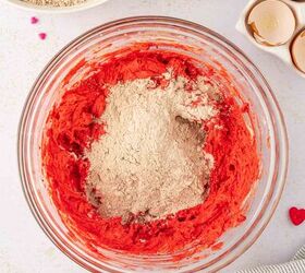 valentine s cookie cake red velvet cookie cake recipe, Combine wet and dry for red velvet cookie cake