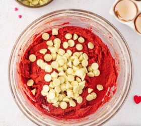 valentine s cookie cake red velvet cookie cake recipe, White Chocolate chips added to the cookie cake batter